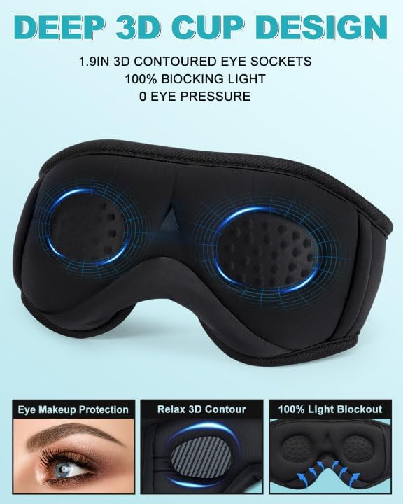 LC-dolida Sleep Headphones, 3D Sleep Mask Bluetooth Wireless Music Eye Mask, Sleeping Headphones for Side Sleepers Sleep Mask with Bluetooth Headphones Ultra-Thin Stereo Speakers Perfect for Sleeping