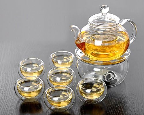 Jusalpha 11 PC-Glass Filtering Tea Maker Teapot with a Warmer and 6 Tea Cups Set (Version 2, 27-Oz) | 6 units of 1.7 oz tea cups, tea set comes with a 27 oz teapot with a removable infuser
