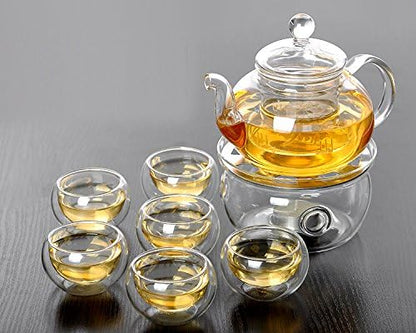 Jusalpha 11 PC-Glass Filtering Tea Maker Teapot with a Warmer and 6 Tea Cups Set (Version 2, 27-Oz) | 6 units of 1.7 oz tea cups, tea set comes with a 27 oz teapot with a removable infuser
