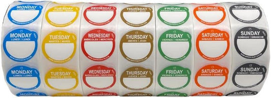 QSRProducts Removable Day Label - 1 inch - Peel Tab - Week (Mon-Sun) (7000 Stickers) - Food and Restaurant Day Dots - FIFO - Inventory Management Labels - Meal Prep Stickers - Gift Tags