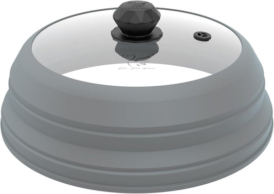 Microwave Splatter Cover Vented Glass Cover Splatter Guard Lid with Collapsible Silicone for Food as Pot Cover Plate Cover 10.8 inch for 6 7 8 9 10 inch Plate Bowl Light Grey