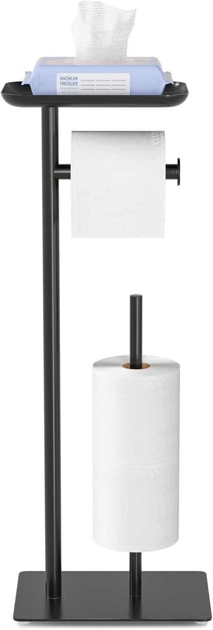 Toilet Paper Holder Stand with Top Storage Shelf | Free Standing Toilet Roll Dispenser for Bathroom, Holds 4 Reserve Rolls, Silver