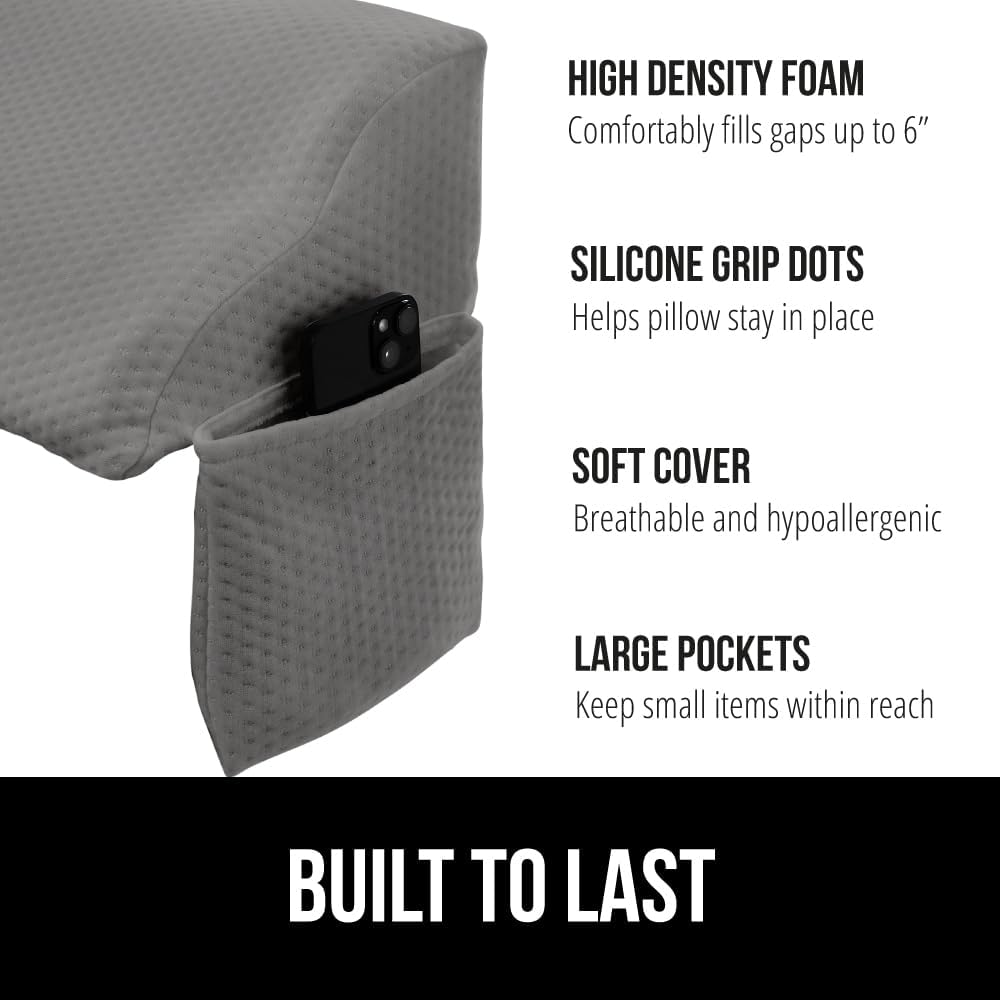 GORILLA GRIP Patented Bed Wedge Pillow for Headboard Gap, Filler Between Mattress Gaps, Comfortable Supportive High Density Cushioned Foam Pillows, Stay in Place Gripping Dots, King Soft Gray
