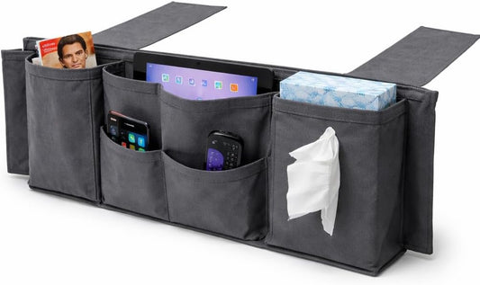 Dependable Industries inc. Essentials Bedside Caddy Organizer 5 Pocket Hanging Bed Storage Pouch for Couch Dorm Bunk Bed Platform Bed, Remote Phone Tablet Tissue Holder, Oxford Fabric, Gray