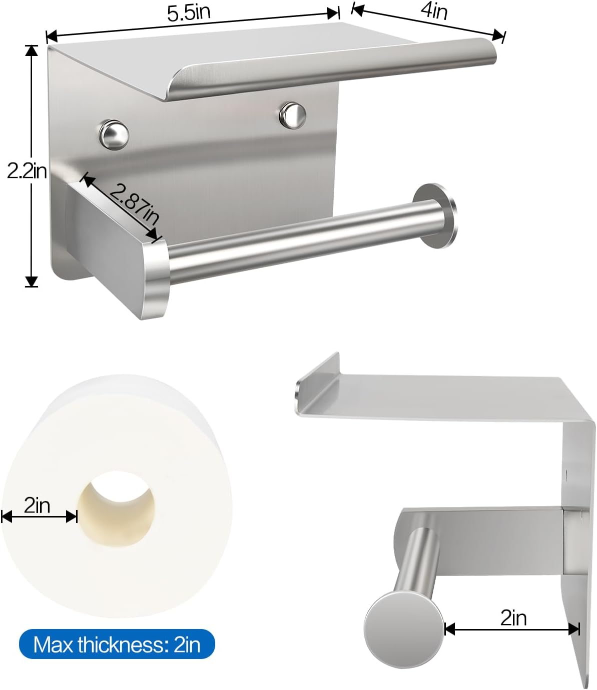 1pcs Brushed Nickel Toilet Paper Holder with Shelf | Screw or Self-Adhesive Toilet Paper Holder Wall Mount