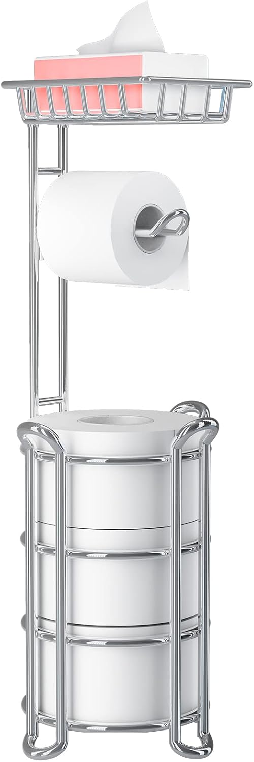 Toilet Paper Holder Stand with Shelf, Free Standing Tissue Roll Storage Rack with Dispenser for Bathroom, Black