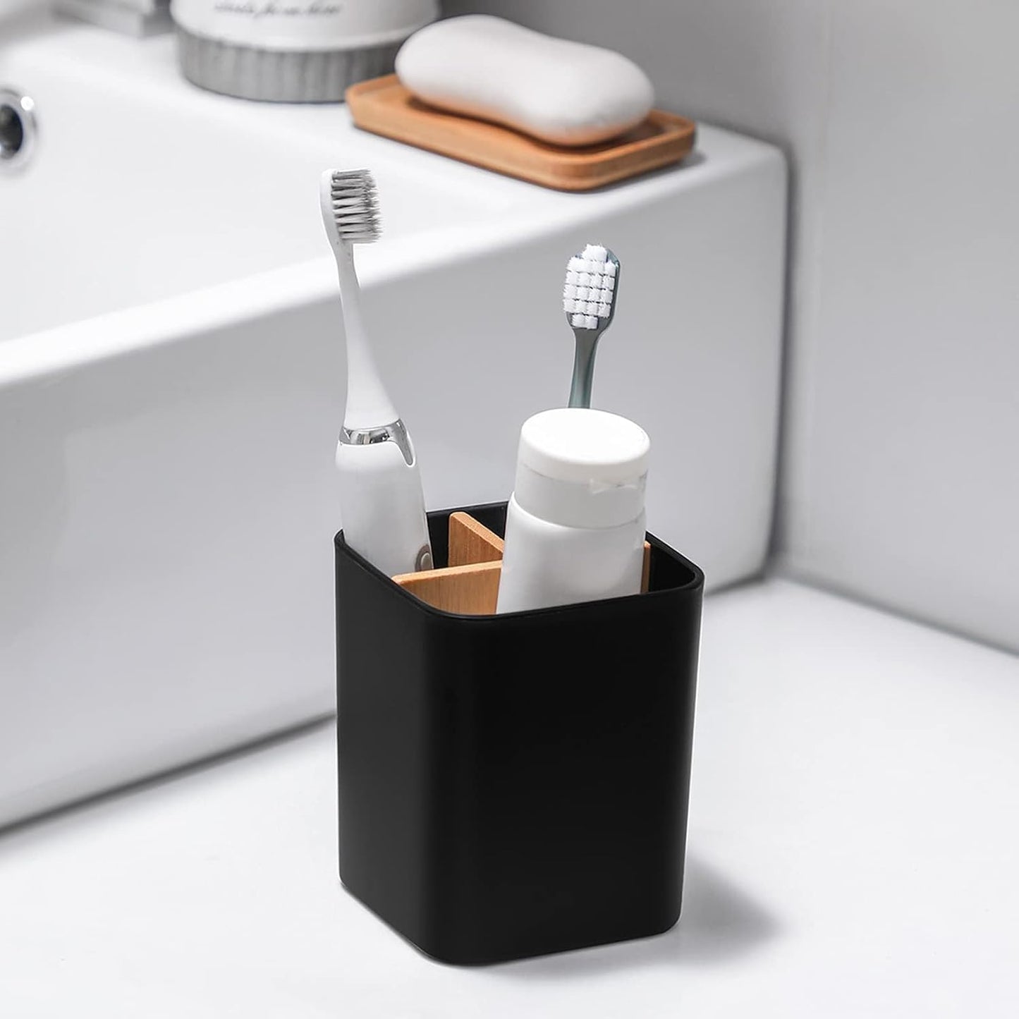 Bamboo Toothbrush Holder for Bathrooms Toothpaste Organizer - Black | Detachable Inserts, 3 Slots, Bathroom Counter Organizer, for Kids Electric Toothbrushes, Floss, Razors