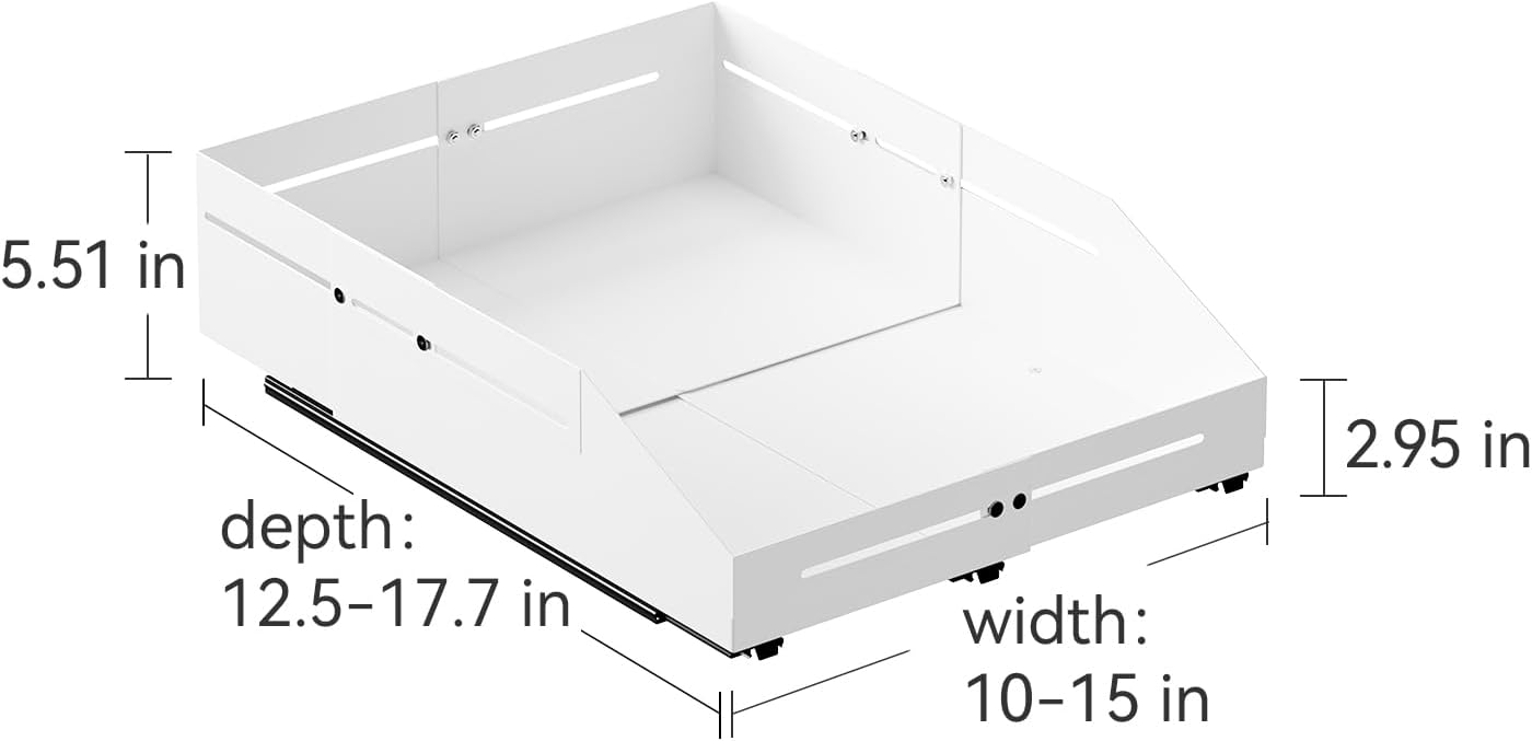 Pull out Cabinet Organizer, Full Metal Expandable Width (14.8"-20.8") & Depth (12.4"-17.7") Adjustable Slide out Drawers, No Drill Adhesive Roll out Shelves for Kitchen Pantry, White