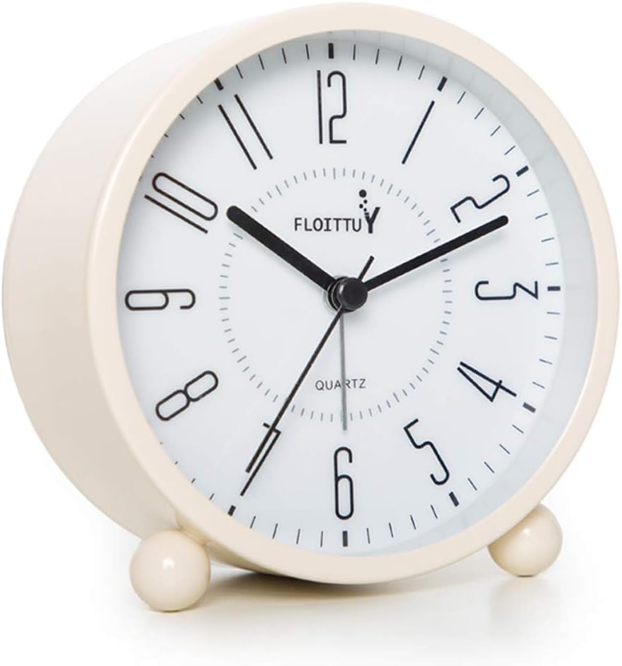 FLOITTUY Super Silent Metal Alarm Clock,Beep Wake Round Alarm Clock with Night Light,Battery Operated,Easy Set,Simple & Retro for Desk, Bedroom and Home Decoration(Creamy White)