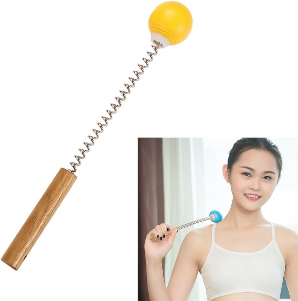 1 Pack Golf Ball Massager Hammer with Spring Wooden Handle Handheld Massage for Pain Relief Neck Back Massager Ball Manual Massage (Gray)