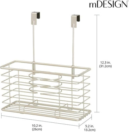mDesign Steel Over Cabinet/Door Hair Dryer Holder Storage, Hair Styling Tool Organizer Basket for Bathroom - Blow Dryer, Flat Iron, Curling Wand, Straightener, Linelle Collection - Satin