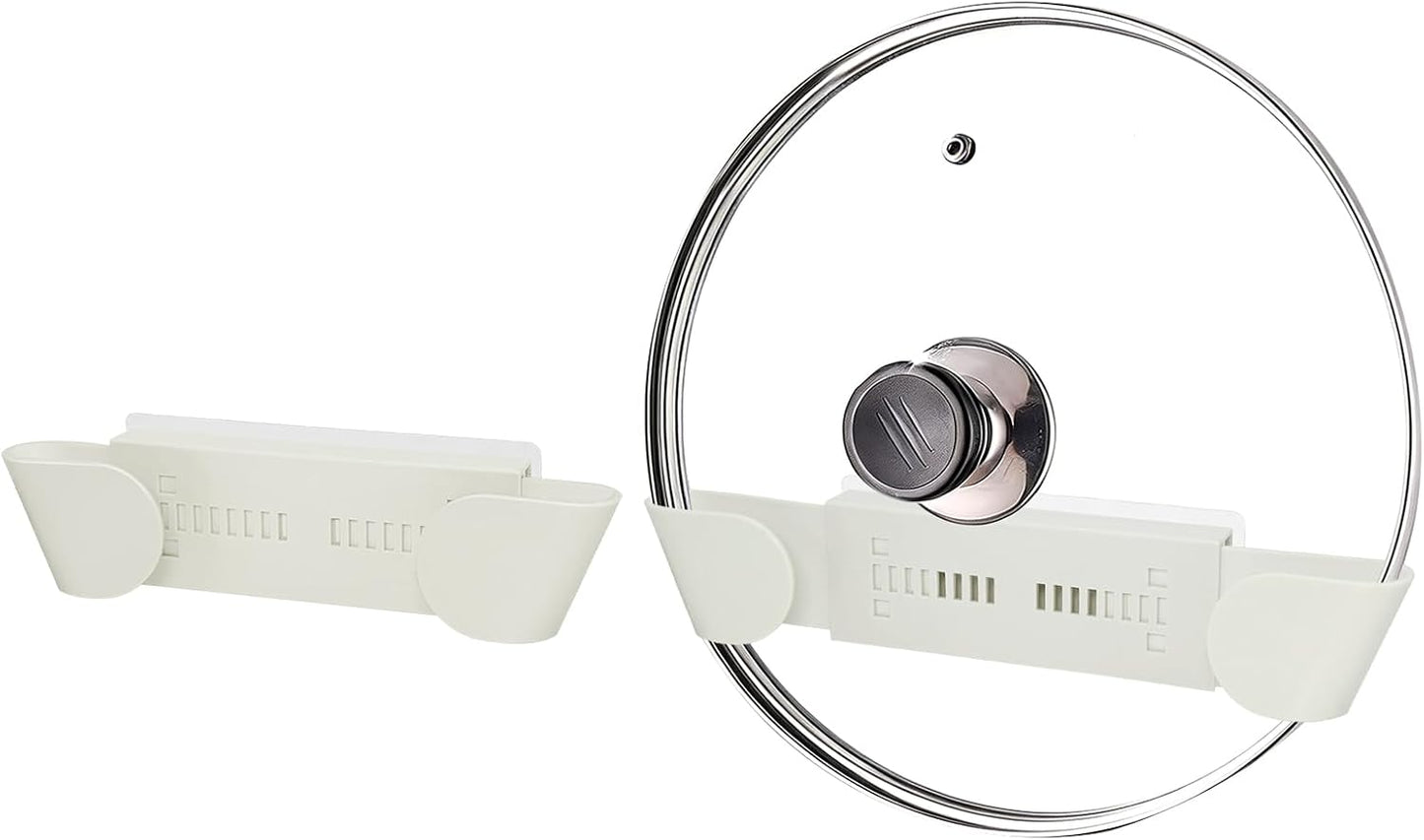 Adjustable Pot Lid Holder for 6" to 14" Lids, White 4 Pack | Pan Lids Organizers, No Drilling Required & Detachable, Sticky Wall Mounted Lid Storage for Kitchen Wall, Cabinets & Door