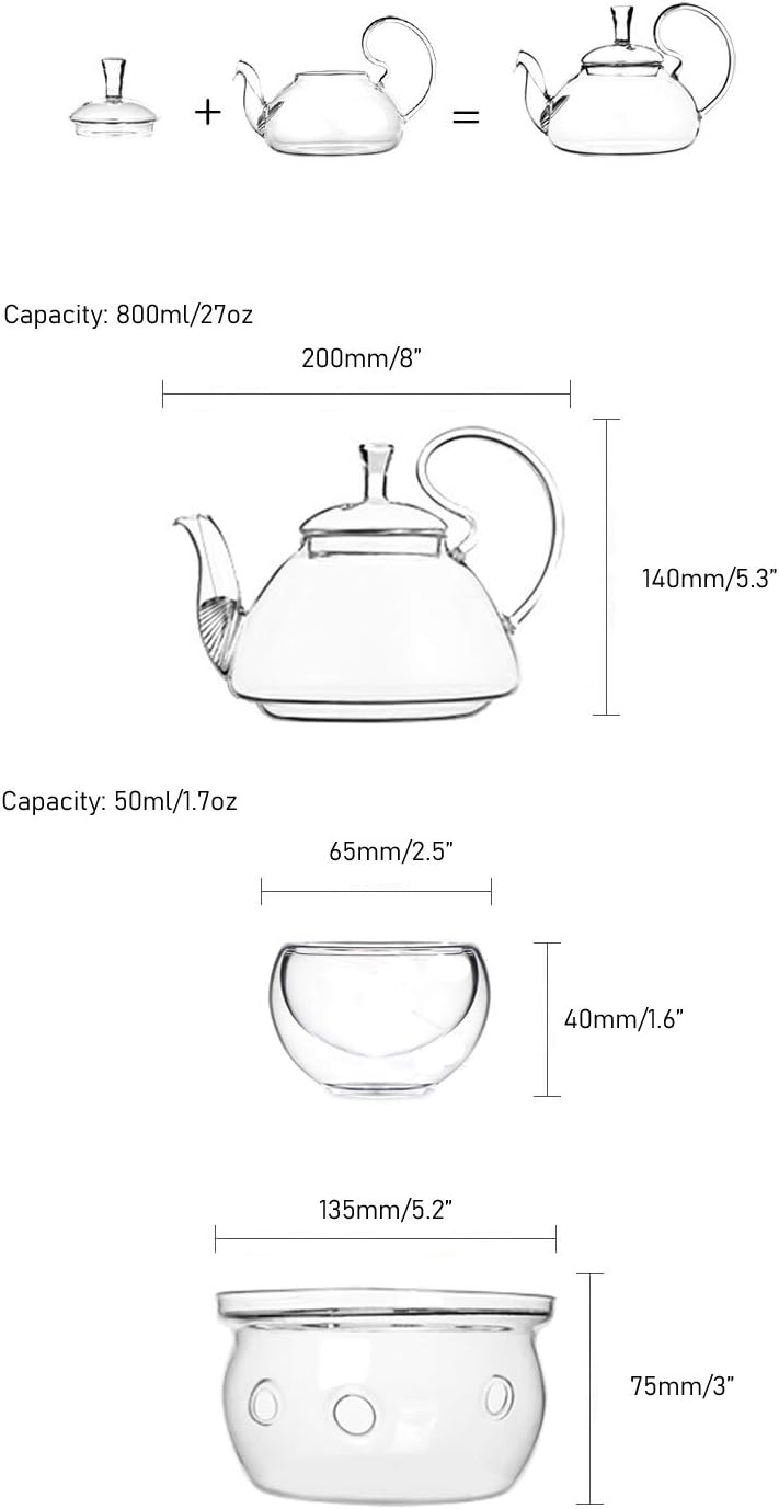 Glass Filtering Tea Maker Teapot with a Warmer and 6 Double-walled Tea Cups Set (Heating base, Standard)