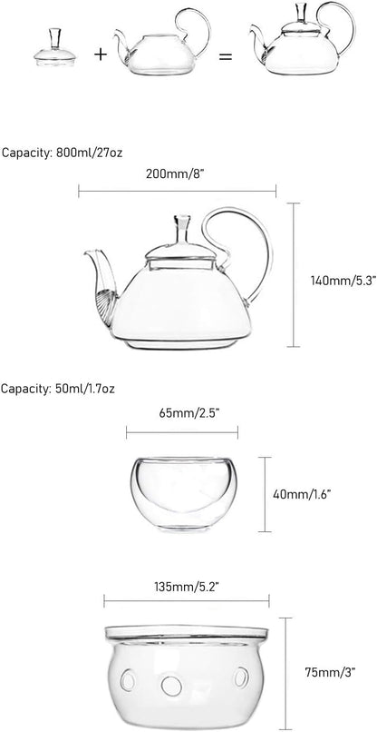 Glass Filtering Tea Maker Teapot with a Warmer and 6 Double-walled Tea Cups Set (Heating base, Standard)