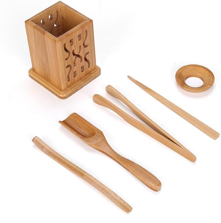 Chadao Tea Ceremony Set, 6-Piece GongFu Tea Bamboo Tools Spoon, Tin Needle Funnel (Square canister)