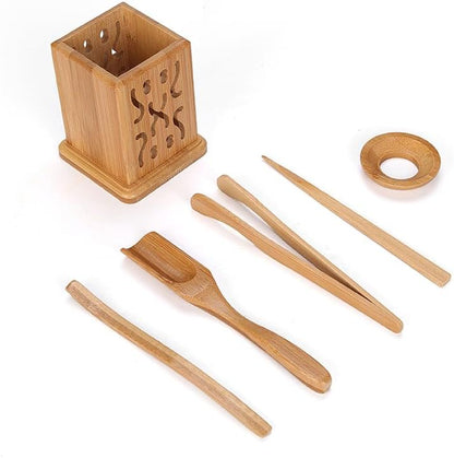 Chadao Tea Ceremony Set, 6-Piece GongFu Tea Bamboo Tools Spoon, Tin Needle Funnel (Square canister)