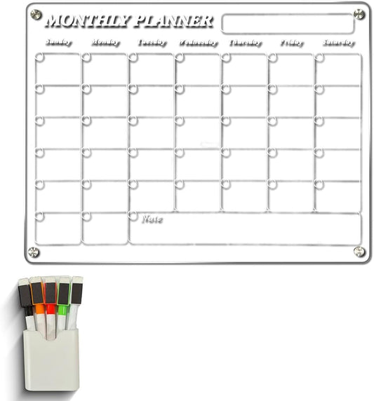 Acrylic Home Calendar Organization Board - Refrigerator Schedule Planner for Fridge or Wall - Weekly Magnetic Calendar for Refrigerator, Dry Erase Whiteboard