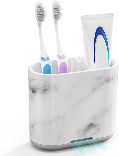 Bamboo Toothbrush Holder for Bathrooms Toothpaste Organizer, Small, White | 2 Slots, Easy to Clean, Plastic, Kids Electric Toothbrush, Drainage, Removable, For Bathroom, Vanity, Kitchen Sink, Office