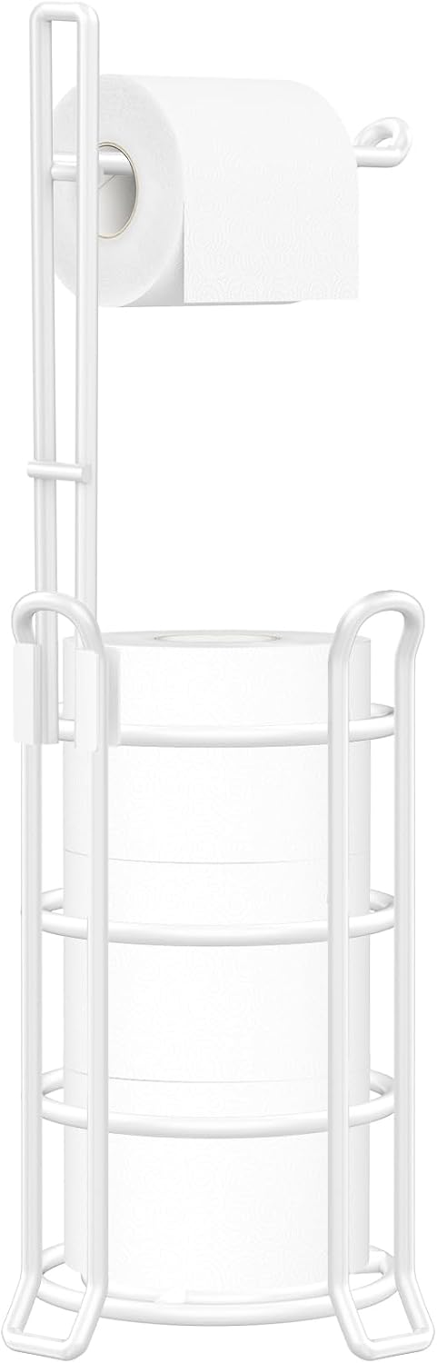 TomCare Toilet Paper Holder Free Standing with Shelf, Stable 4 Raised Feet | Stores 4 Mega Rolls, Tool-Free Assembly, Powder-Coated Metal Frame, Bathroom Storage Organizer for Spare Rolls, Silver