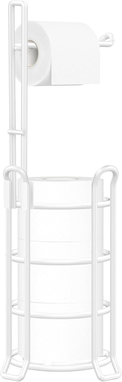 TomCare Toilet Paper Holder Free Standing with Shelf, Stable 4 Raised Feet | Stores 4 Mega Rolls, Tool-Free Assembly, Powder-Coated Metal Frame, Bathroom Storage Organizer for Spare Rolls, Silver