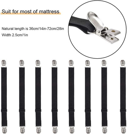 Adjustable Bed Sheet Straps Clips, Elastic Mattress Sheet Fasteners Holder and Suspenders, Grippers to Hold Sheet, Mattress, Sofa, Couch, Table Cloth, Recliner Ironing Board Cover and More