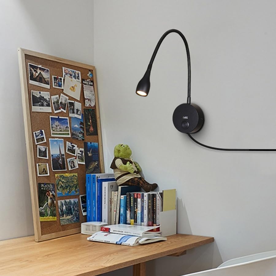 LED Reading Lamp 3W Warm White 3000K for Reading Books Black Plug Cord 2PCS (RS032)