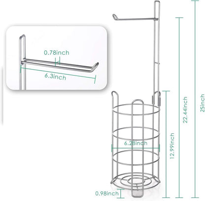 TomCare Toilet Paper Holder Free Standing with Shelf, Stable 4 Raised Feet | Stores 4 Mega Rolls, Tool-Free Assembly, Powder-Coated Metal Frame, Bathroom Storage Organizer for Spare Rolls, Silver