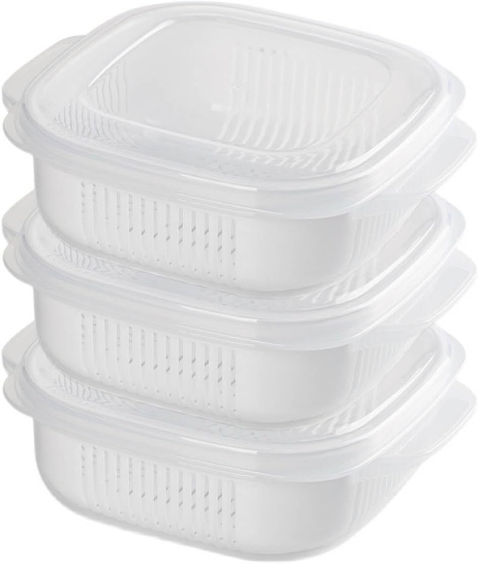 Fruit Storage Containers for Fridge, with Removable Colanders, Double Layer Drainage Preservation Box, Airtight Food Storage Containers with Lids, for Food Washing, Draining, Keeper Fresh (3pcs)