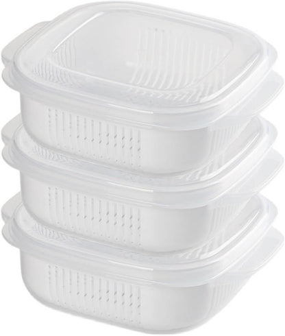Fruit Storage Containers for Fridge, with Removable Colanders, Double Layer Drainage Preservation Box, Airtight Food Storage Containers with Lids, for Food Washing, Draining, Keeper Fresh (3pcs)