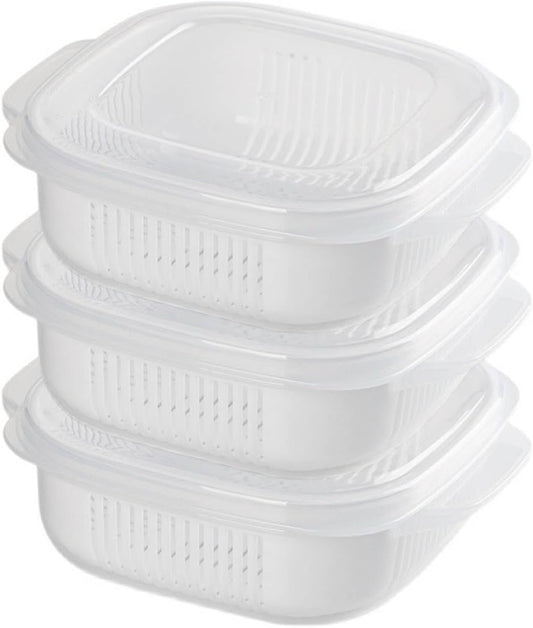 Fruit Storage Containers for Fridge, with Removable Colanders, Double Layer Drainage Preservation Box, Airtight Food Storage Containers with Lids, for Food Washing, Draining, Keeper Fresh