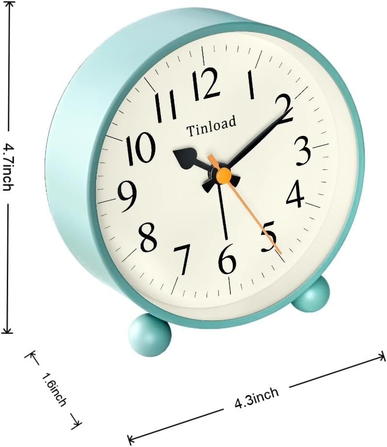 Tinload 4.5" Vintage Retro Analog Alarm Clock, Super Silent Non Ticking Small Clock with Manual Light, Snooze, Battery Operated, for Living Room, Bedroom, Bedside, Desk(Blue)