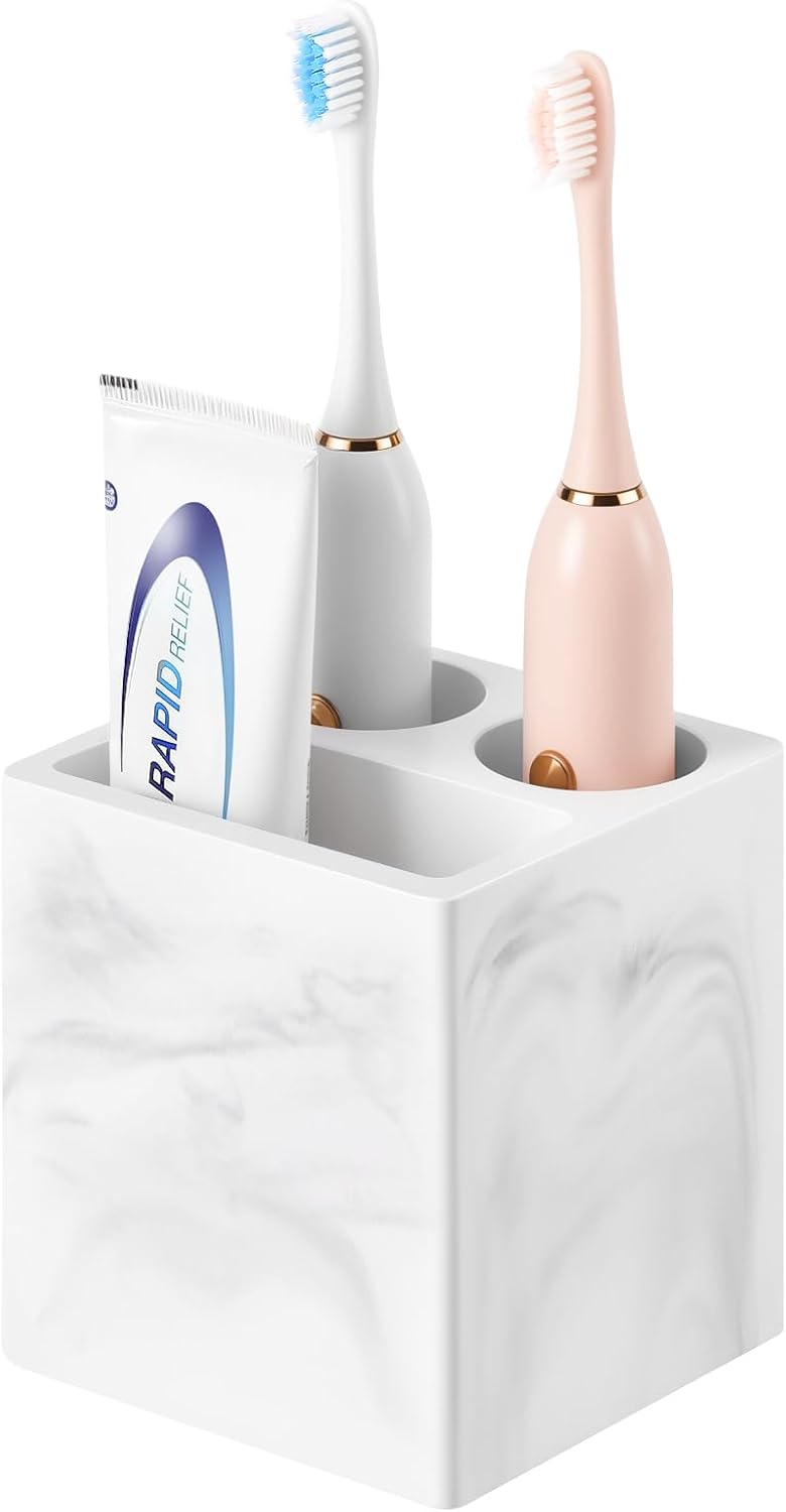 Luxspire Diatomite Toothbrush Holder, 2 Slots, Marble White | Fast Drying, Diatomaceous Earth, Electric Tooth Brush and Toothpaste Organizer, For Bathroom Kitchen Vanity Countertop