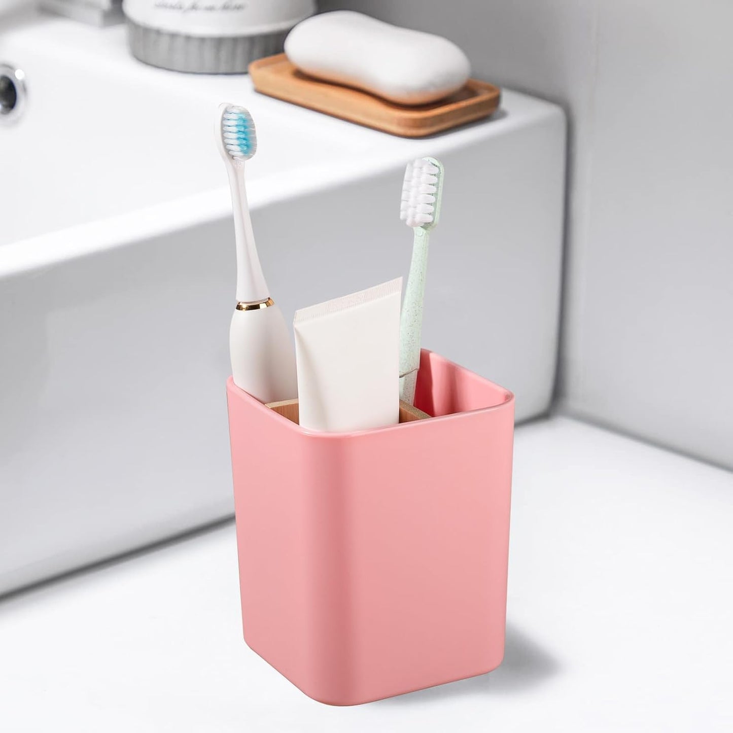 Bamboo Toothbrush Holder for Bathrooms Toothpaste Organizer - Black | Detachable Inserts, 3 Slots, Bathroom Counter Organizer, for Kids Electric Toothbrushes, Floss, Razors