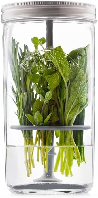 Kilner Herb Keeper Set | Keep Herbs Fresh for Up to 3 Weeks | 1L Wide Mouth Jar with Stainless Steel Lid & Silicone Lifter | Easy-to-Use for Home-Grown or Store-Bought Herbs | Recipe Booklet Included