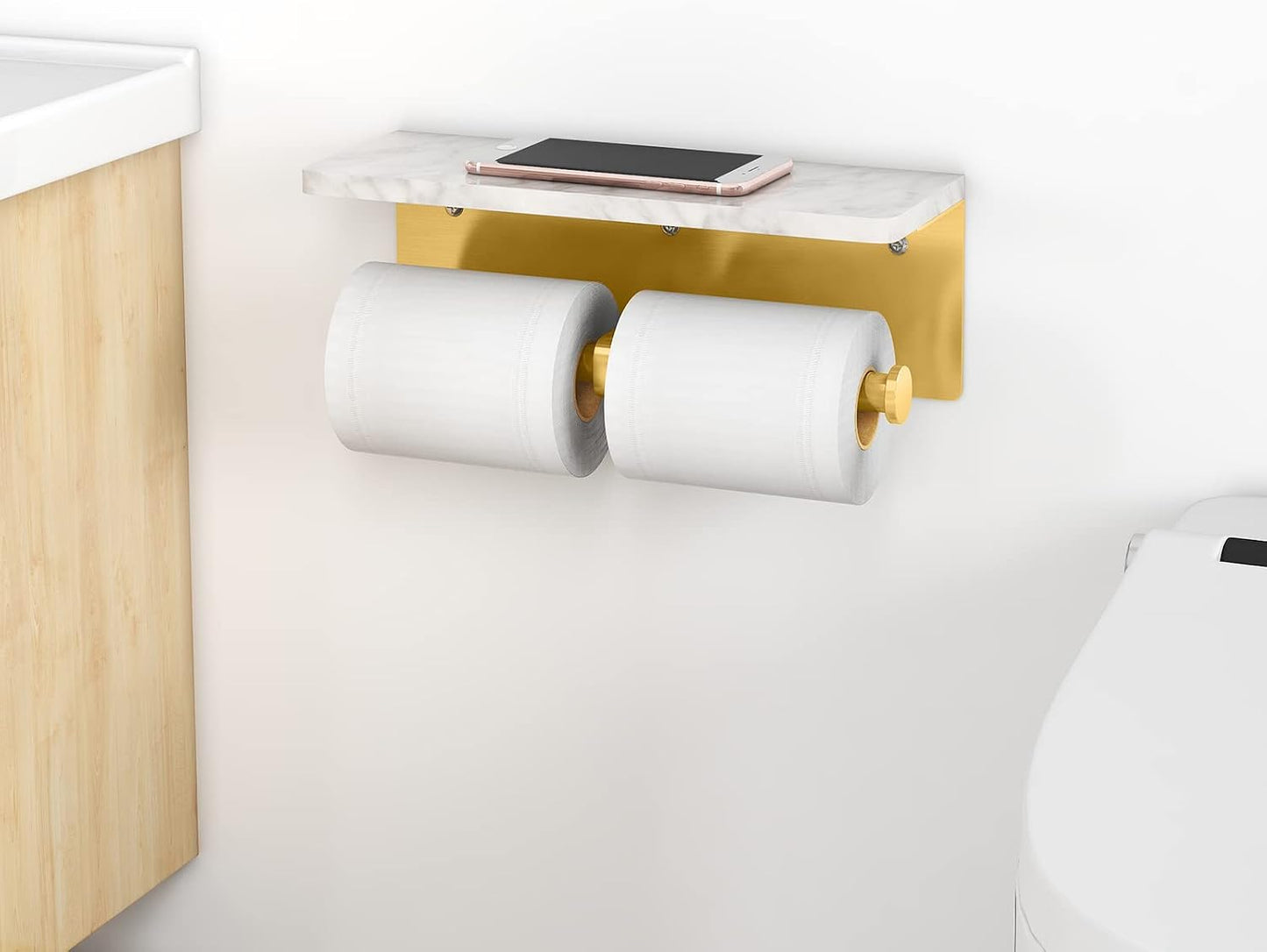 Gypie Marble Toilet Paper Holder with Shelf, Wall Mounted Matte Black | Stainless Steel Tissue Roll Paper Holder Dispenser for Bathroom Washroom