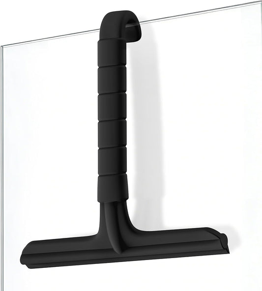 Roylvan Silicone Shower Squeegee for Glass Doors with Built-in Hook, Black | All-in-One Shower Squeegee with Ergonomic Grip, Household Window Mirror Cleaner for Bathroom Glass Kitchen Tile Wall Car