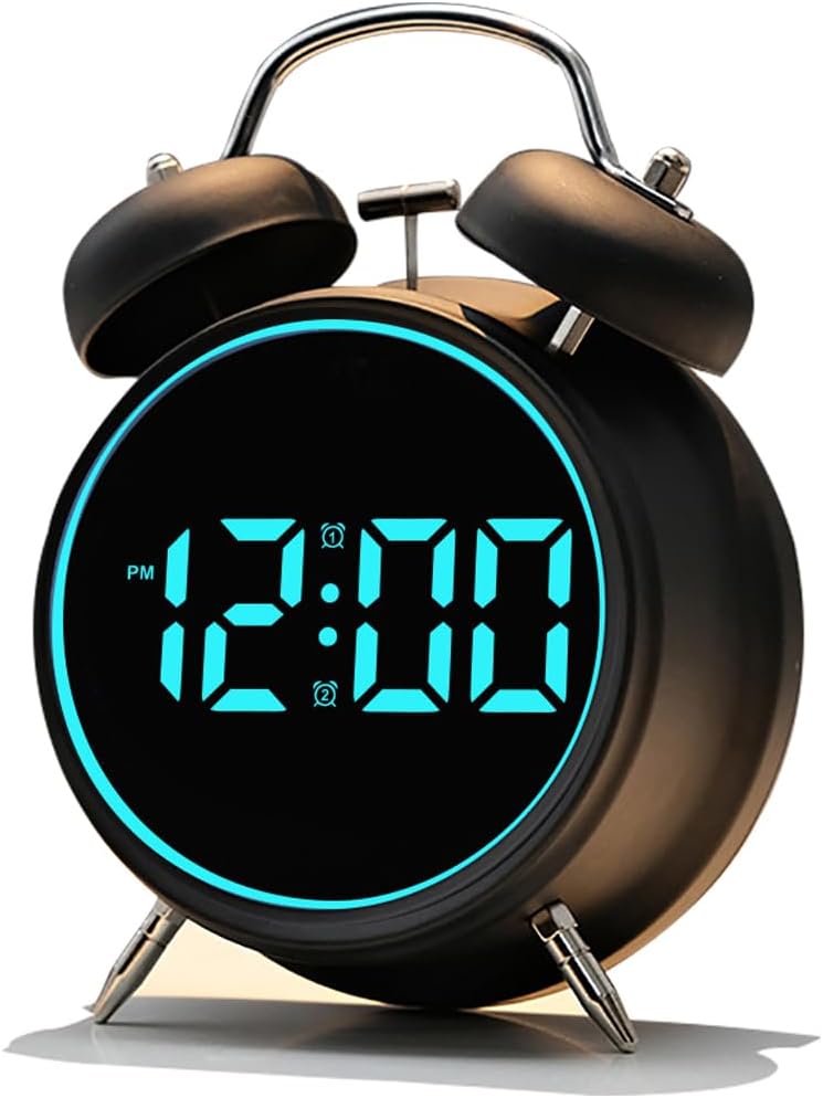 Loud Alarm Clock for Heavy Sleepers Adults, Teens,Kids,Retro Metal Twin Bell 4 Inch,Large Big Numbers Display with Backlight, Small Bedside Digital Clock for Bedrooms (Silvery)