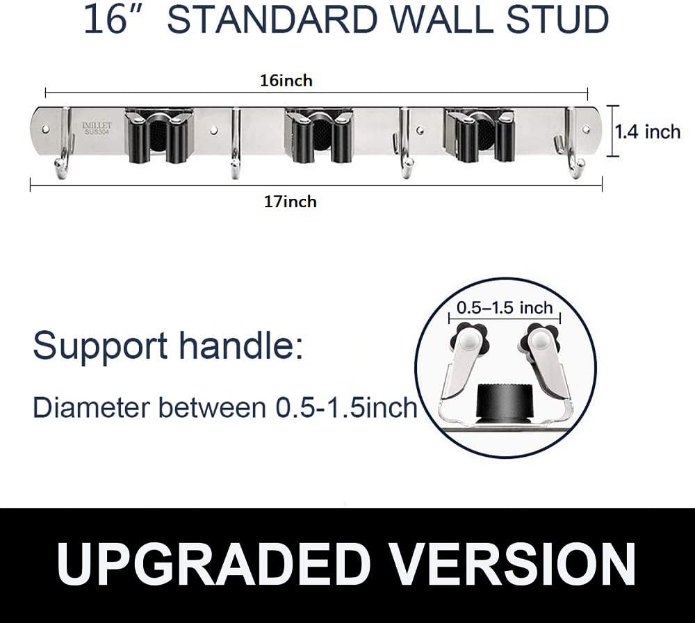 IMILLET Broom Holder Wall Mount, Heavy Duty Garage Organization Mop Hanger | Stainless Steel Broom and Mop Organizer Wall Hanging Self Adhesive for Laundry Room,Garden,Utility