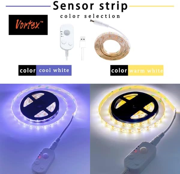 Vortex HJ-J0083C2 USB LED Strip Lights with Motion Sensor, Cool White 3m Options Dimmable LED Closet Light duarble, Under Cabinet or Bed Strip Light (3 Meters, Cool White)(Two Pieces Package)