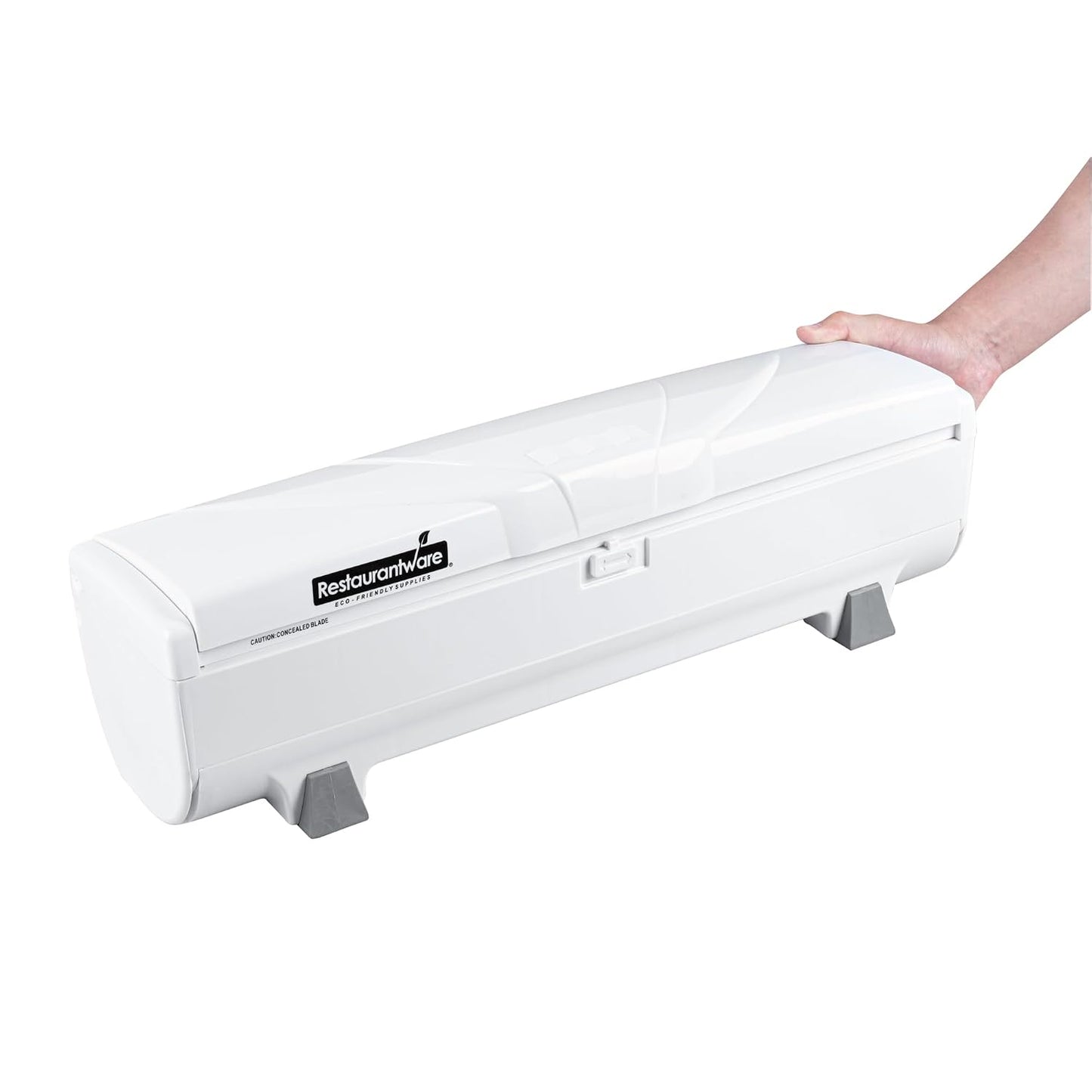 Restaurantware-Chef 101 Food Wrap Dispenser with Cutter, 1 Refillable Cling Wrap Dispenser - Fits 12” to 18” x 1000’ Rolls, Press Down and Cut, White Plastic Aluminum Foil, Sharp Blade