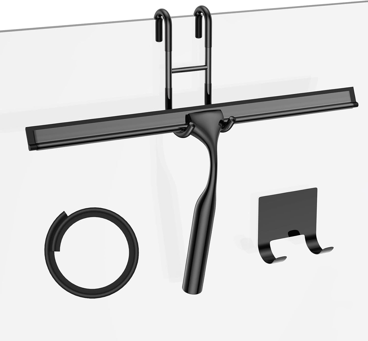 Black Shower Squeegee for Glass Door 12-Inch Bathroom Squeegee Window Wiper, with Shower Door Hook, Adhesive Hook, Spare Silicone Blade for Window Mirror Car All-Purpose Squeegee