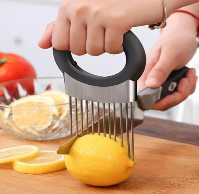 Onion Holder & Lemon Slicer Cutter Tool – Stainless Steel Vegetable & Fruit Slicing Assistant for Easy, Safe Cutting (Silver)