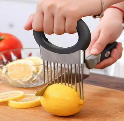 Onion Holder & Lemon Slicer Cutter Tool – Stainless Steel Vegetable & Fruit Slicing Assistant for Easy, Safe Cutting (Silver)
