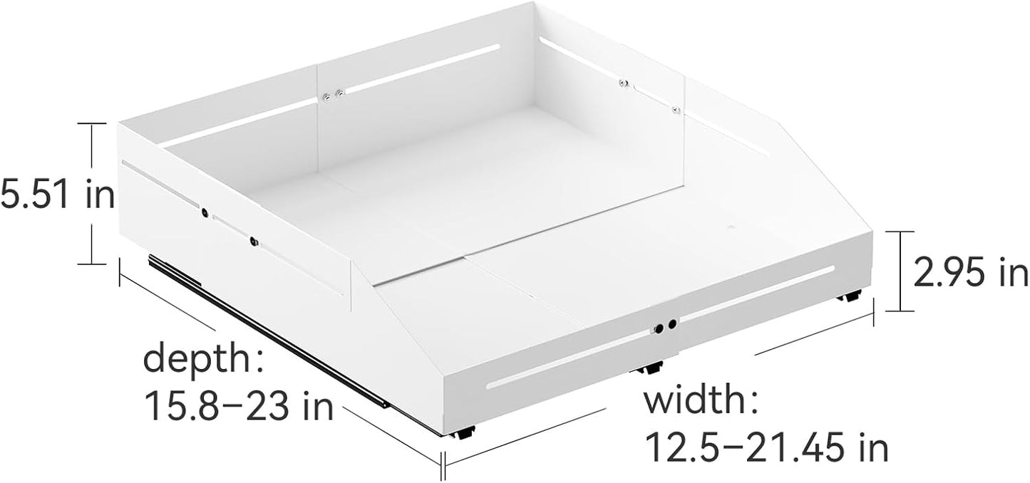 Pull out Cabinet Organizer, Full Metal Expandable Width (14.8"-20.8") & Depth (12.4"-17.7") Adjustable Slide out Drawers, No Drill Adhesive Roll out Shelves for Kitchen Pantry, White