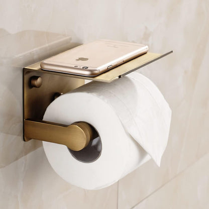 Antique Bronze Toilet Paper Holder Wall Mount with Shelf - No Drill 3M Adhesive or Screw Mount Bathroom Tissue Paper Dispenser-Aluminum Storage Rack for Phone, Wipes, Soap-Modern Bathroom Organizer
