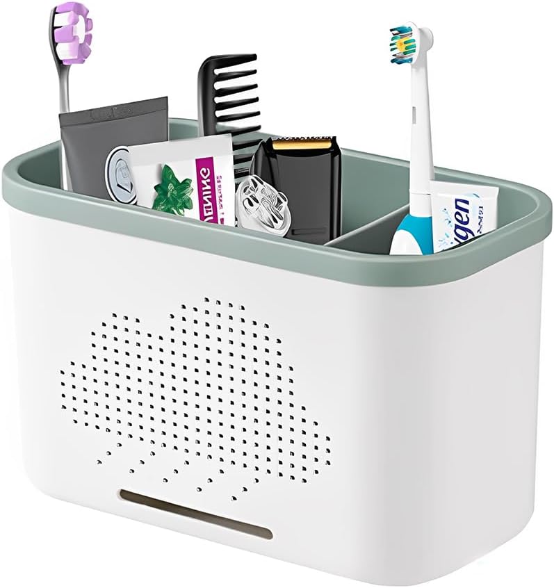 2 Slots Toothbrush Holder and Toothpaste Holder with Drain Hole, Detachable Easy Cleaning Multi-Functional Organizer Caddy Storage for Bathroom Vanity Sink Kitchen (White+Green 2 compartments)