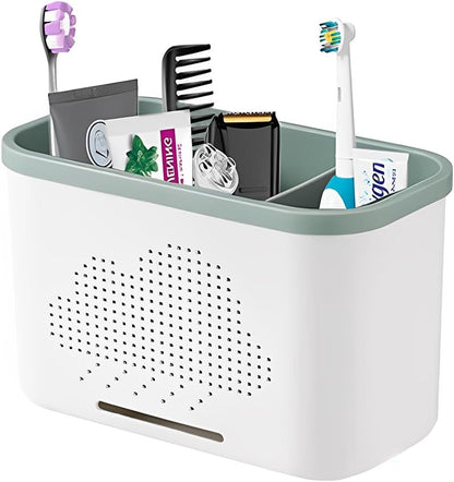 2 Slots Toothbrush Holder and Toothpaste Holder with Drain Hole, Detachable Easy Cleaning Multi-Functional Organizer Caddy Storage for Bathroom Vanity Sink Kitchen (White+Green 2 compartments)