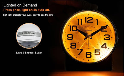 Tinload 4.3" No Ticking Analog Alarm Clock,Silent Readable for Seniors,Easy to Set,Gradual Rise Alarm,Big Numbers,On/Off Switch on Side,Gentle Wake,Snooze,Lighted on Demand,Battery Operated,Black