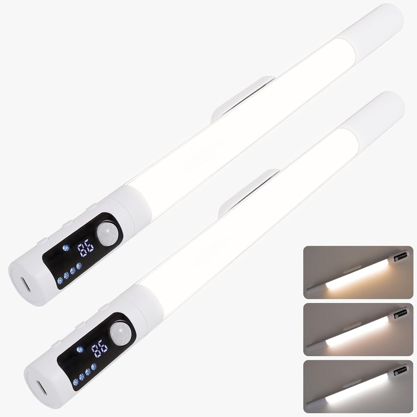 15.2" 2 Pack Motion Sensor Under Cabinet Lighting with Digital Display, 4 Brightness & 3 Color Temperatures, Rechargeable Led Under Cabinet Lights for Closet Cabinet Bedroom Hallway