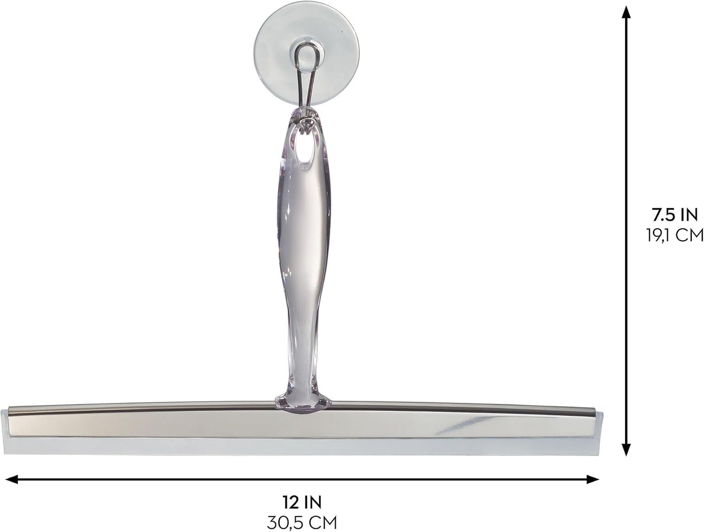 iDesign Zia Metal and Plastic Bathroom Squeegee for Shower, Glass Doors, Floors, Mirrors, with Suction Hook Holder , 12 Inches, Clear and Stainless Steel | Wall Hook Included